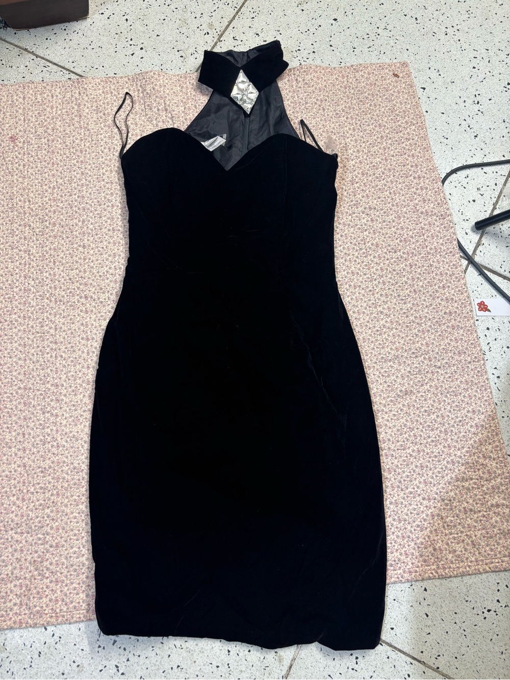 Jessica McClintock Black Velvet Halter Mini Dress with Jewel Accent